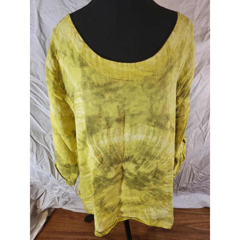 Made In Italy Size Large Yellow Tie Dye Oversized Tunic Lagenlook 100% Linen